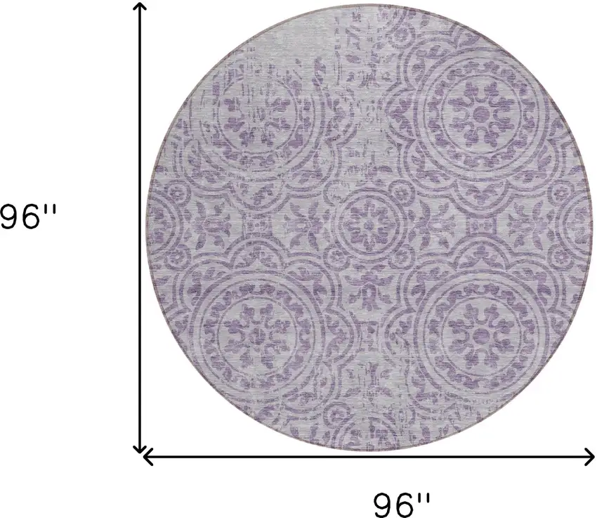 8' Lavender And Lilac Round Medallion Washable Indoor Outdoor Area Rug Photo 7