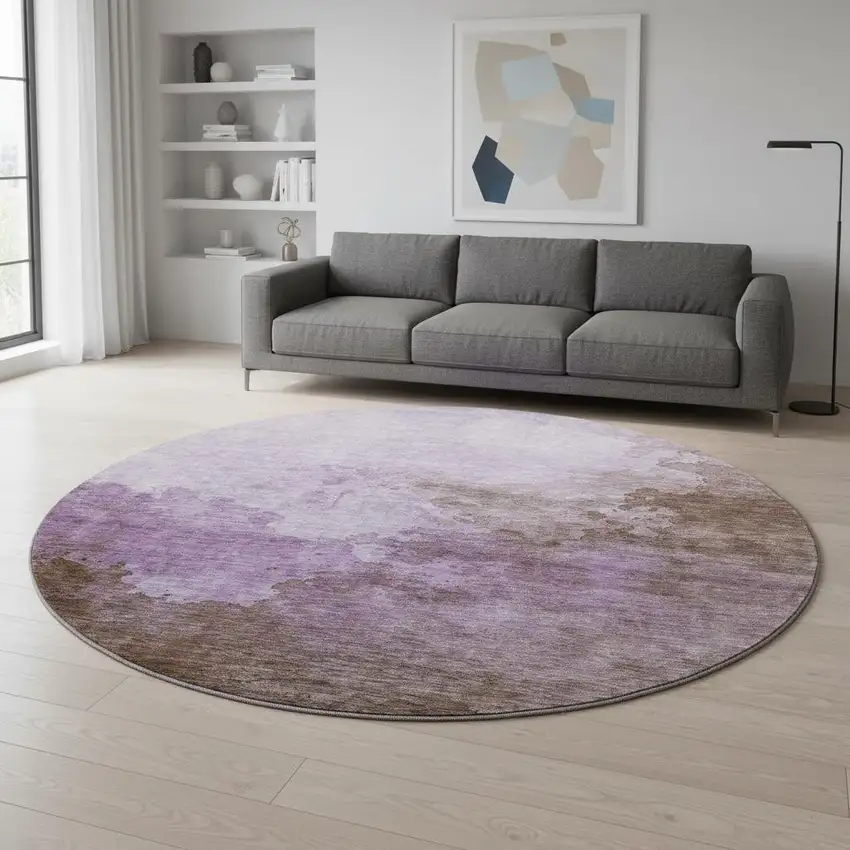8' Lavender And Mauve Abstract Washable Round Rug With UV Protection Photo 2