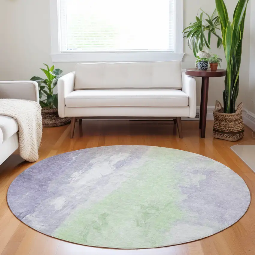 8' Lavender And Mint Green Round Abstract Washable Indoor Outdoor Area Rug Photo 6