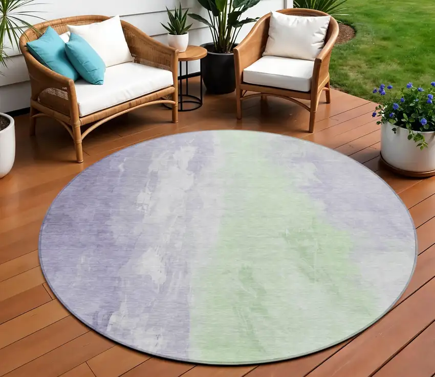 8' Lavender And Mint Green Round Abstract Washable Indoor Outdoor Area Rug Photo 2