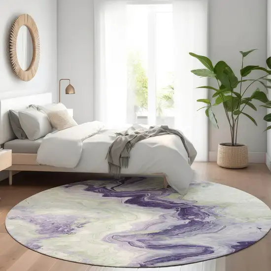 8' Lavender And Mint Green Round Abstract Washable Indoor Outdoor Area Rug Photo 6