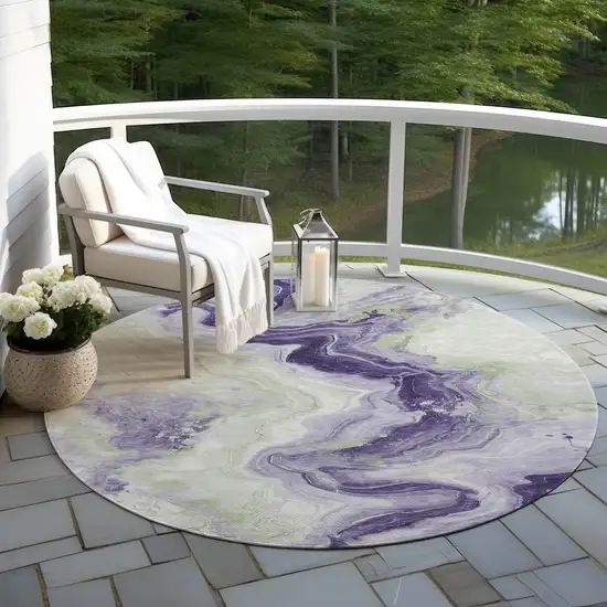 8' Lavender And Mint Green Round Abstract Washable Indoor Outdoor Area Rug Photo 5