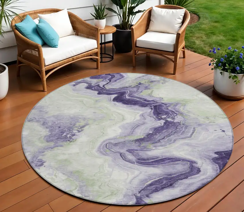 8' Lavender And Mint Green Round Abstract Washable Indoor Outdoor Area Rug Photo 2