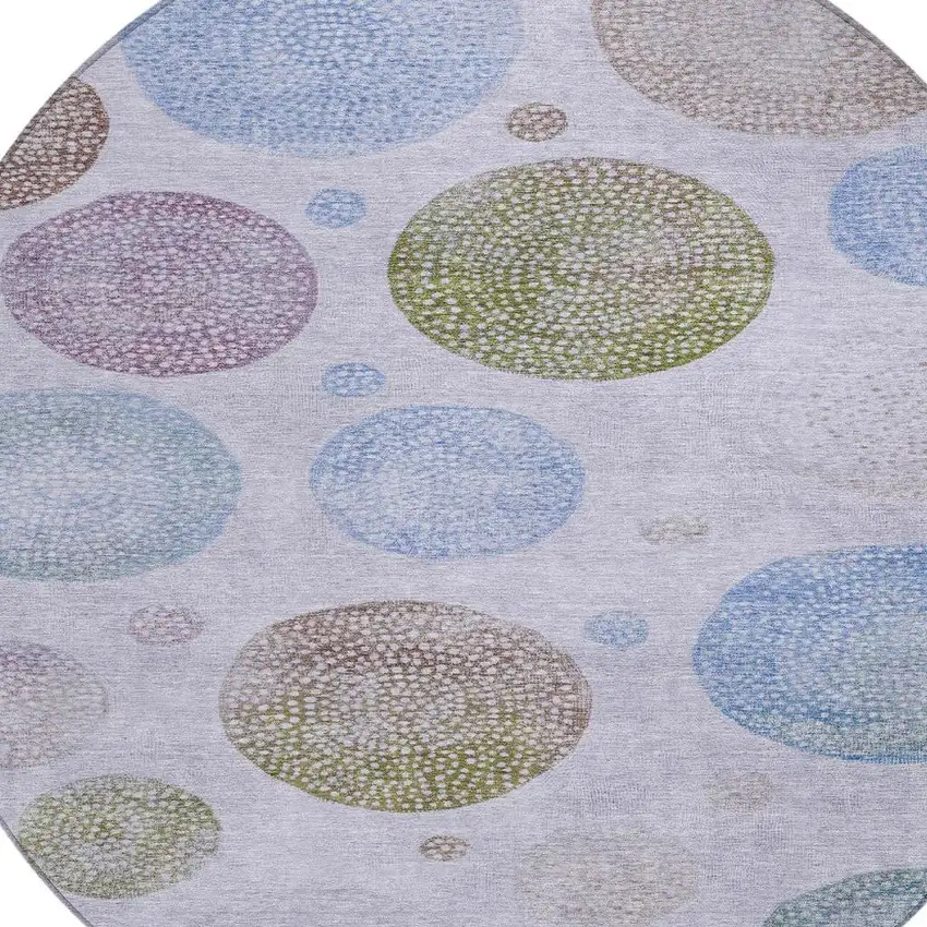 8' Lavender And Olive Green Round Geometric Washable Indoor Outdoor Area Rug Photo 4