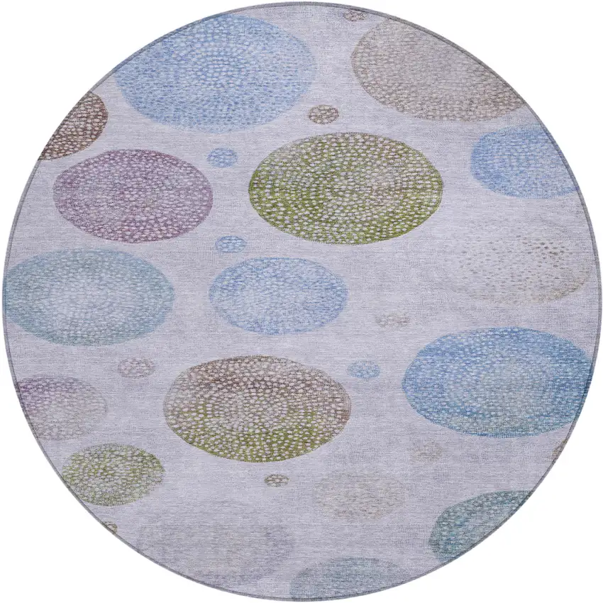 8' Lavender And Olive Green Round Geometric Washable Indoor Outdoor Area Rug Photo 1