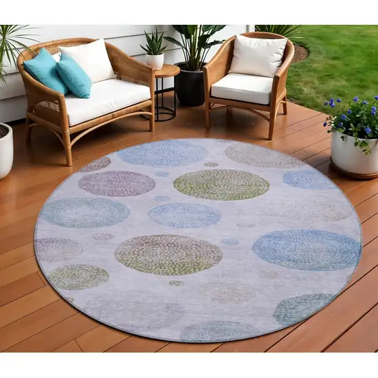 8' Lavender And Olive Green Round Geometric Washable Indoor Outdoor Area Rug Photo 2