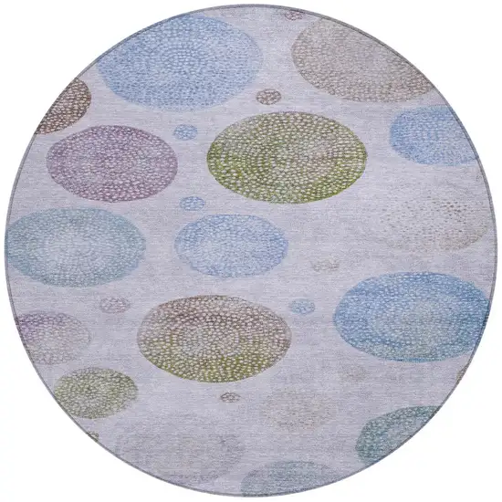 8' Lavender And Olive Green Round Geometric Washable Indoor Outdoor Area Rug Photo 3