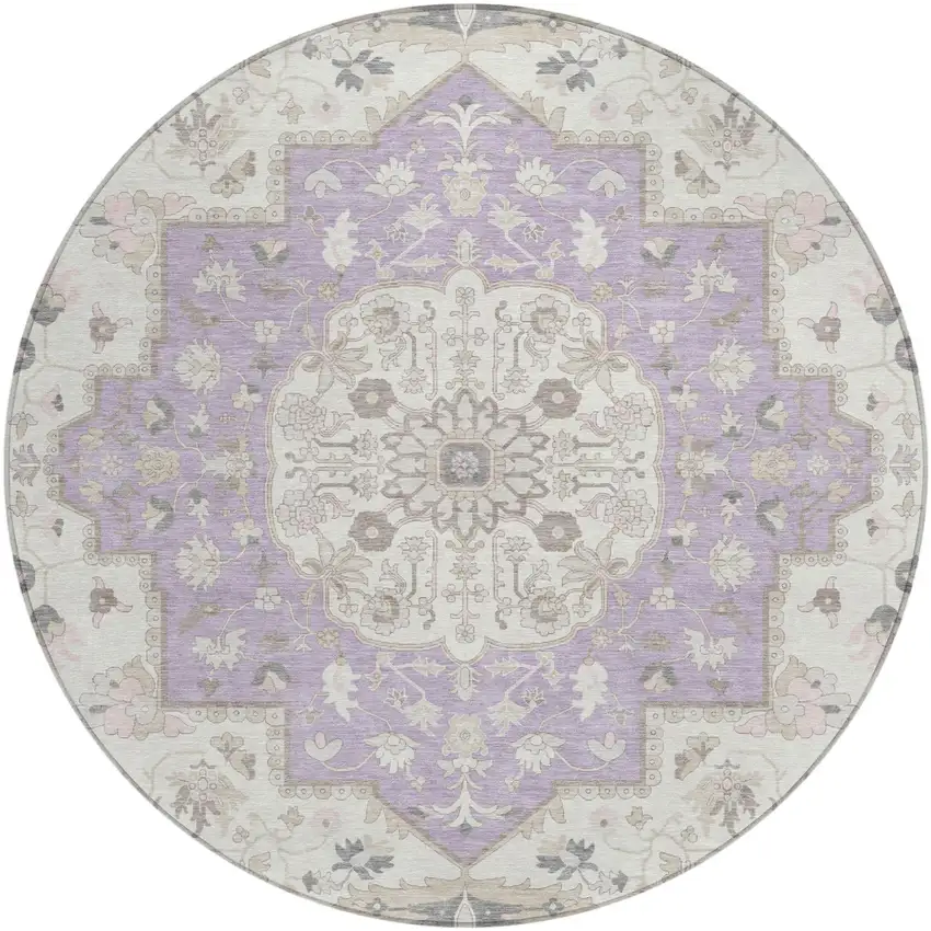 8' Lavender And Orange Round Oriental Washable Indoor Outdoor Area Rug Photo 2