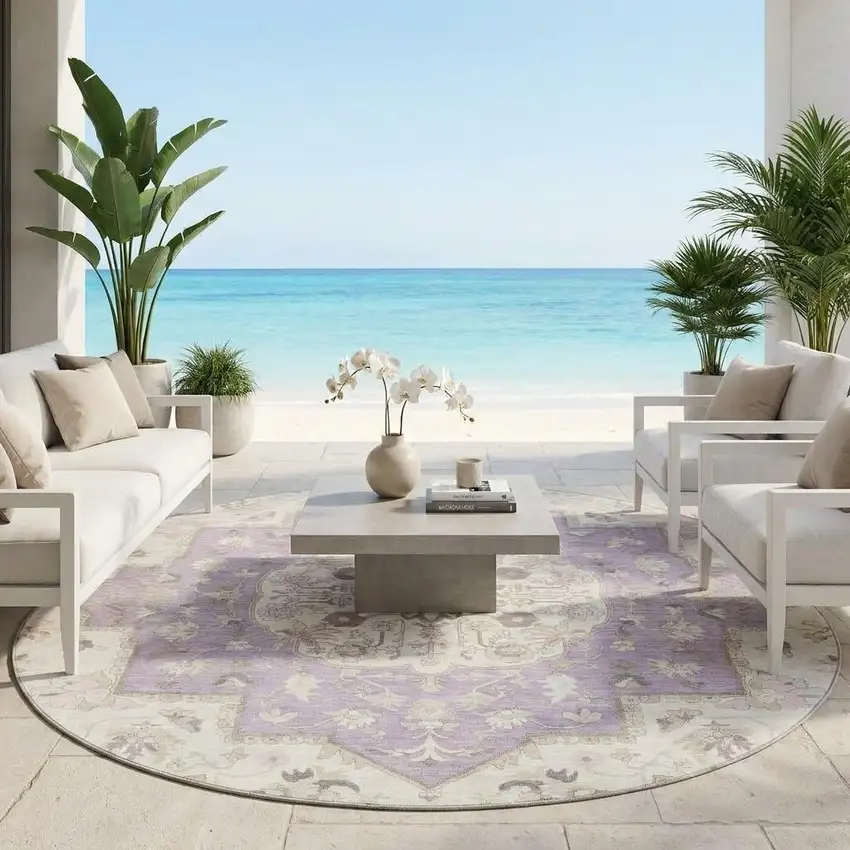 8' Lavender And Orange Round Oriental Washable Indoor Outdoor Area Rug Photo 1