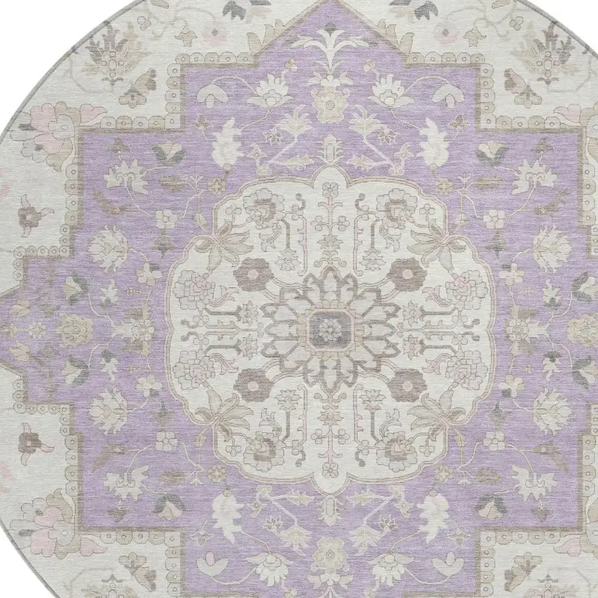 8' Lavender And Orange Round Oriental Washable Indoor Outdoor Area Rug Photo 4