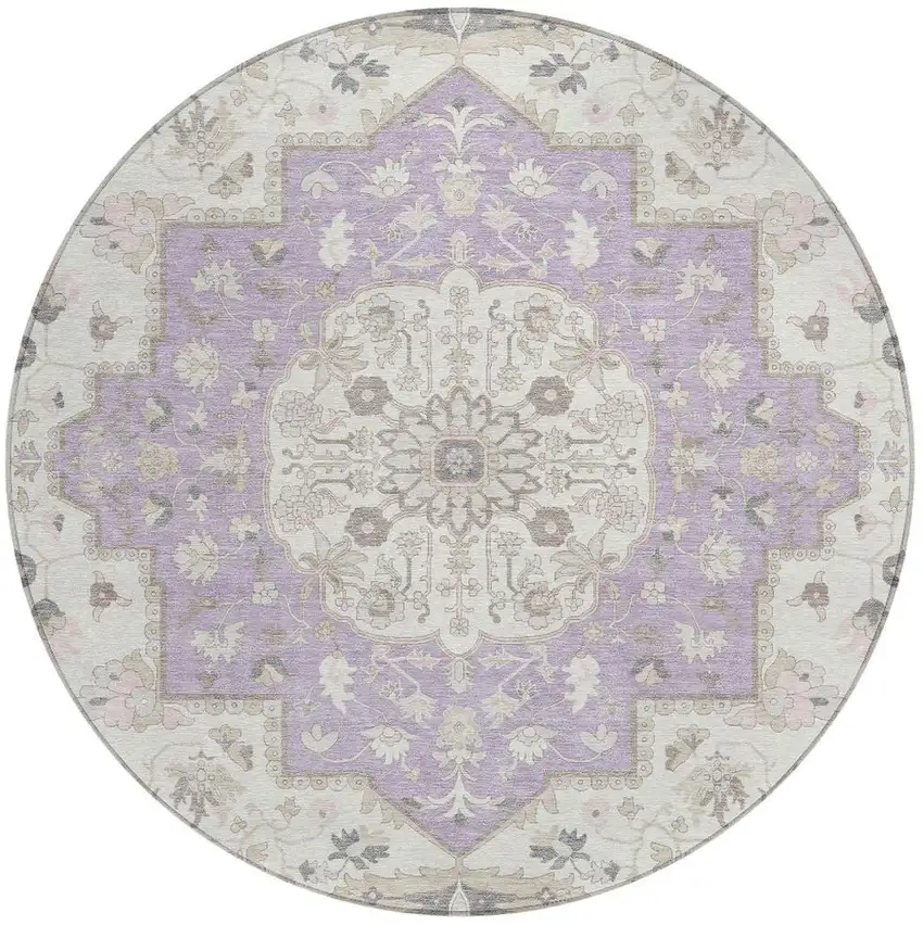 8' Lavender And Orange Round Oriental Washable Indoor Outdoor Area Rug Photo 3