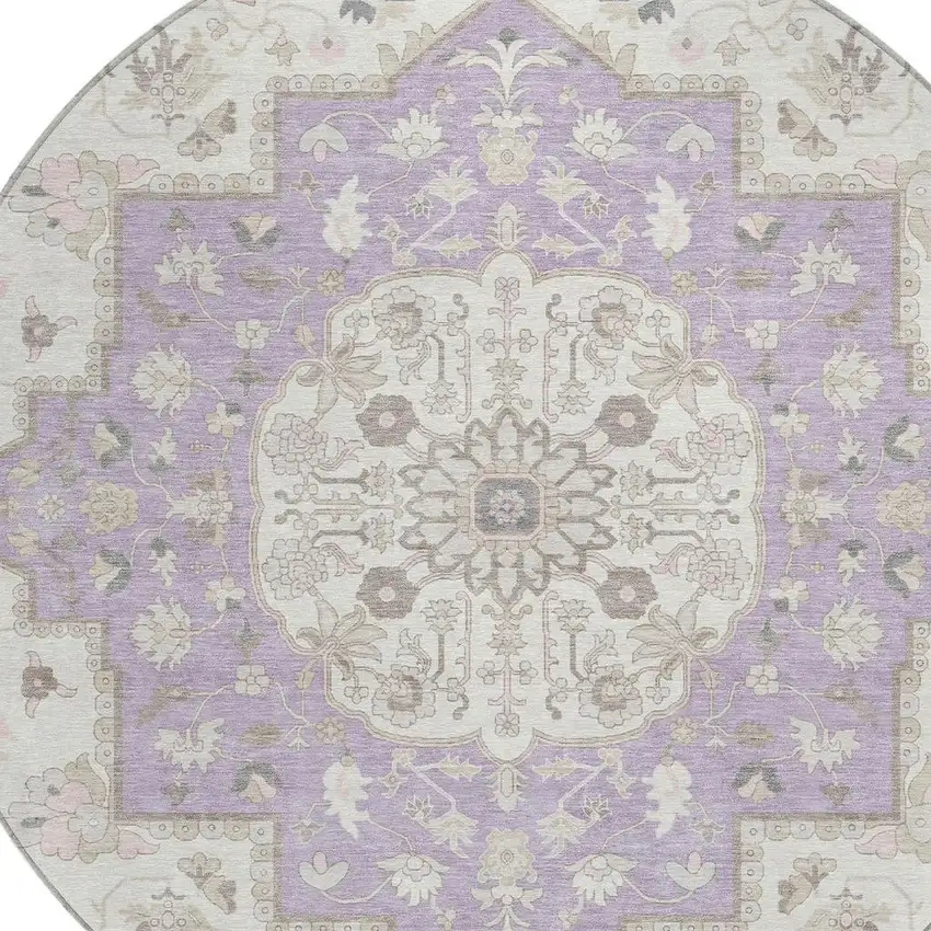 8' Lavender And Orange Round Oriental Washable Indoor Outdoor Area Rug Photo 5