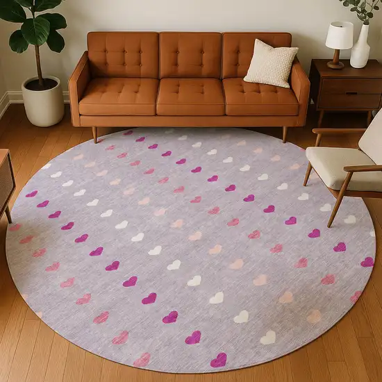 8' Lavender And Pink Round Geometric Washable Indoor Outdoor Area Rug Photo 5