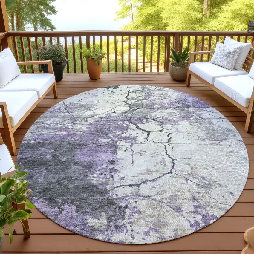 8' Lavender And Plum Round Abstract Washable Indoor Outdoor Area Rug Photo 4