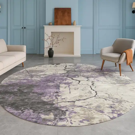 8' Lavender And Plum Round Abstract Washable Indoor Outdoor Area Rug Photo 5