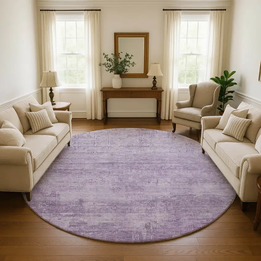 8' Lavender And Purple Abstract Washable Round Rug With UV Protection Photo 4