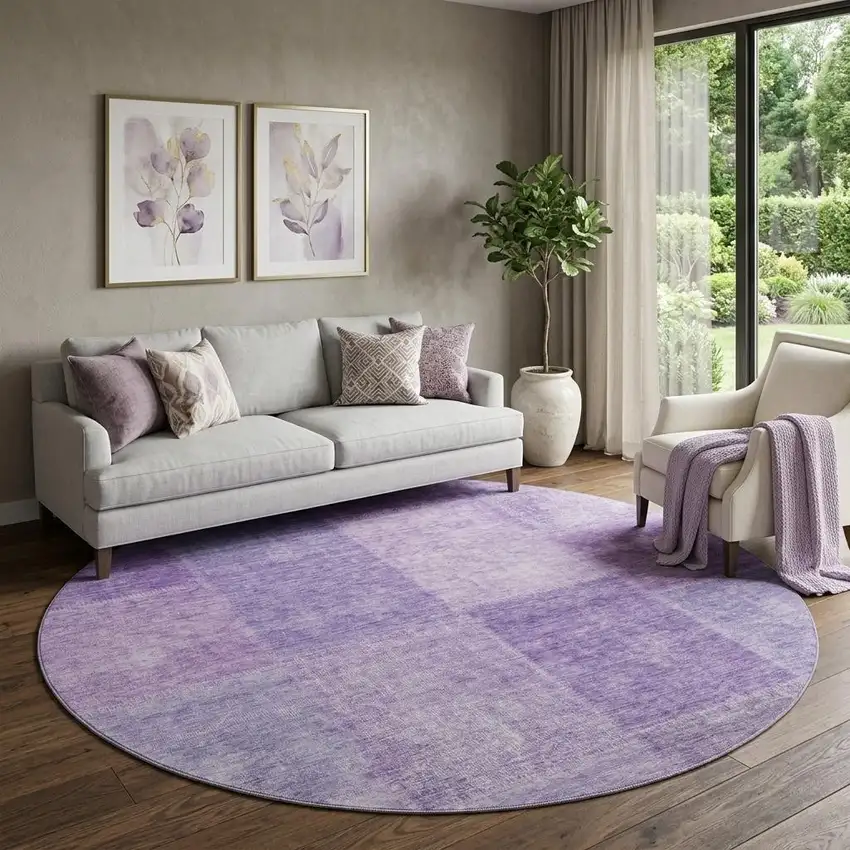 8' Lavender And Purple Patchwork Washable Round Rug With UV Protection Photo 1