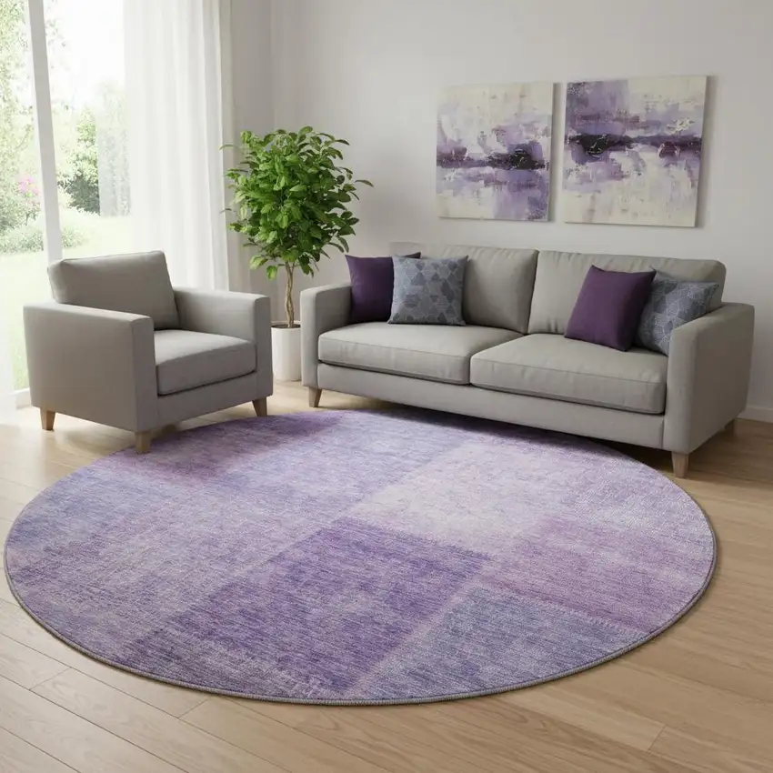 8' Lavender And Purple Patchwork Washable Round Rug With UV Protection Photo 1