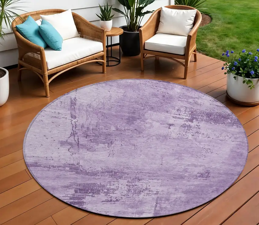 8' Lavender And Purple Round Abstract Washable Indoor Outdoor Area Rug Photo 1