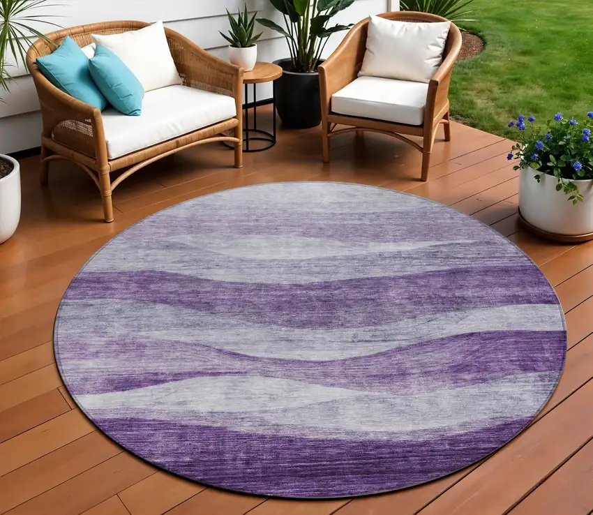 8' Lavender And Purple Round Abstract Washable Indoor Outdoor Area Rug Photo 1