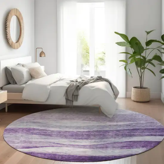 8' Lavender And Purple Round Abstract Washable Indoor Outdoor Area Rug Photo 8