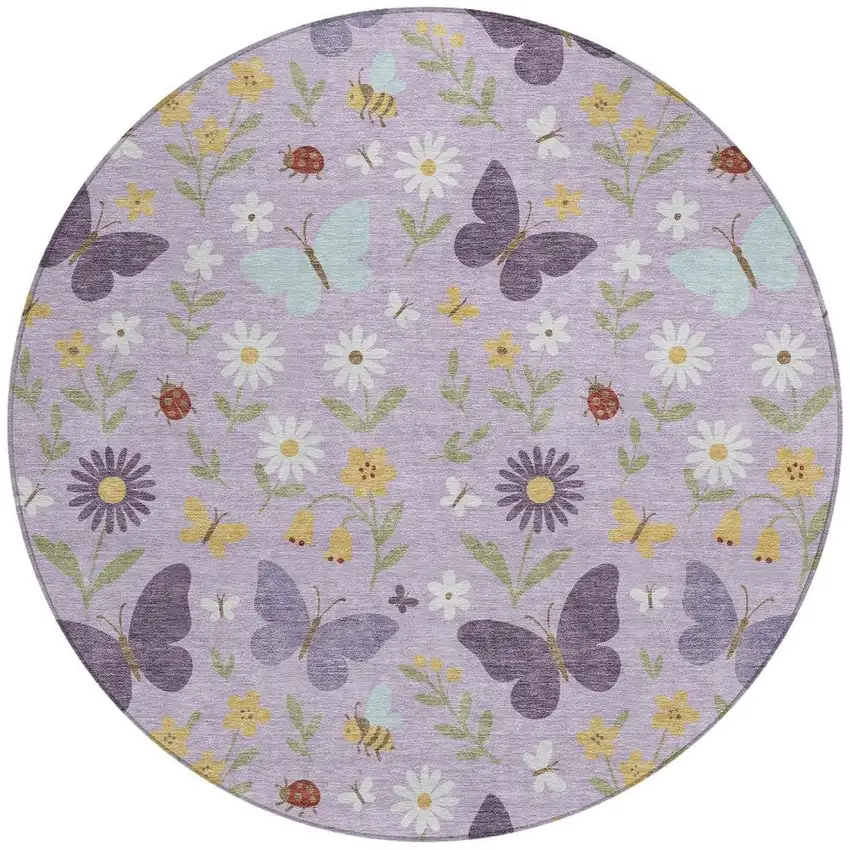 8' Lavender And Purple Round Abstract Washable Indoor Outdoor Area Rug Photo 3