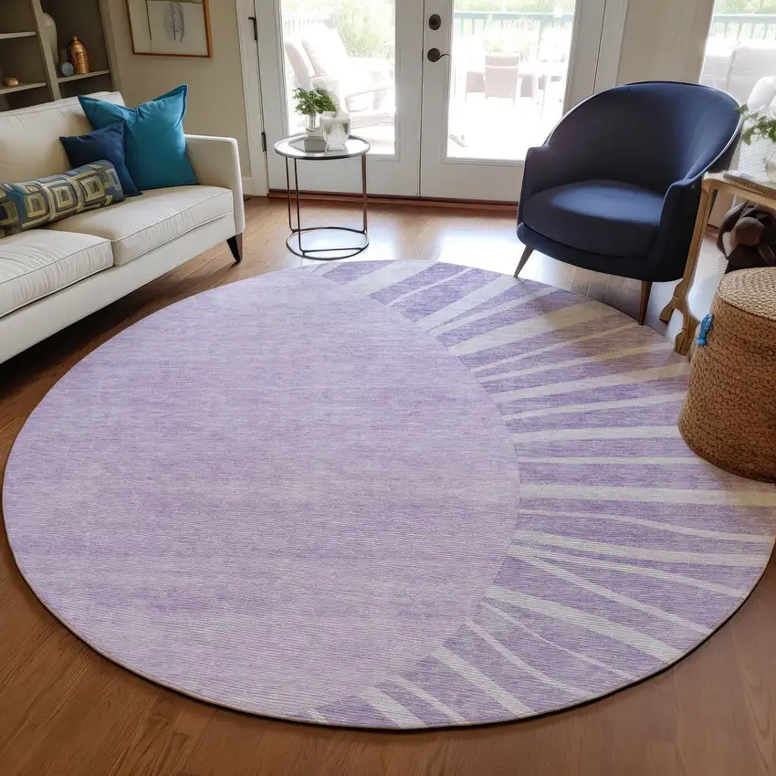 8' Lavender And Purple Round Abstract Washable Indoor Outdoor Area Rug Photo 7
