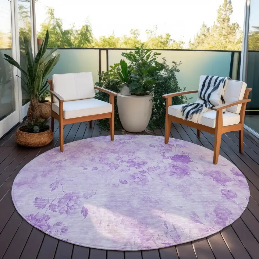 8' Lavender And Purple Round Floral Washable Indoor Outdoor Area Rug Photo 6
