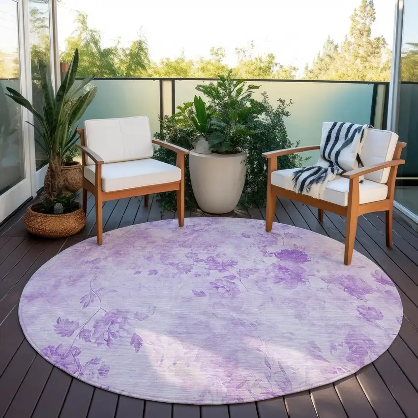8' Lavender And Purple Round Floral Washable Indoor Outdoor Area Rug Photo 6