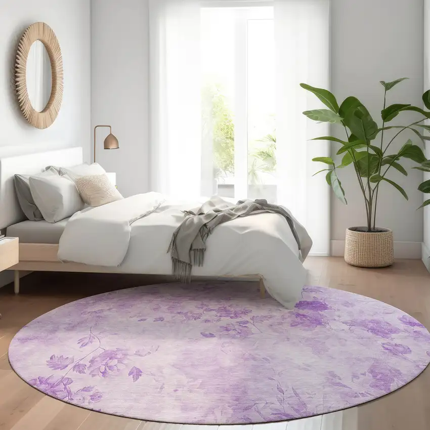 8' Lavender And Purple Round Floral Washable Indoor Outdoor Area Rug Photo 7