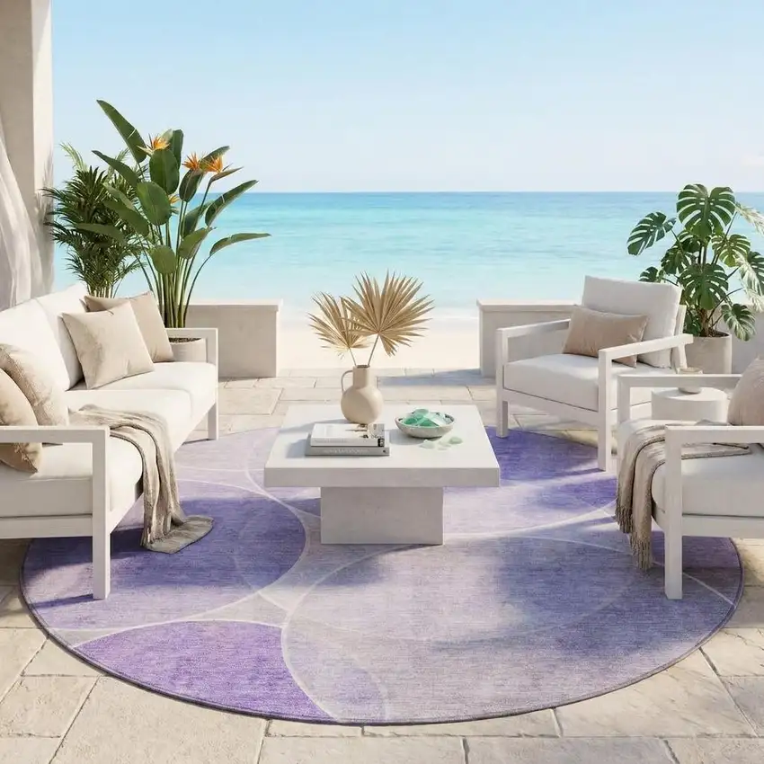 8' Lavender And Purple Round Geometric Washable Indoor Outdoor Area Rug Photo 1