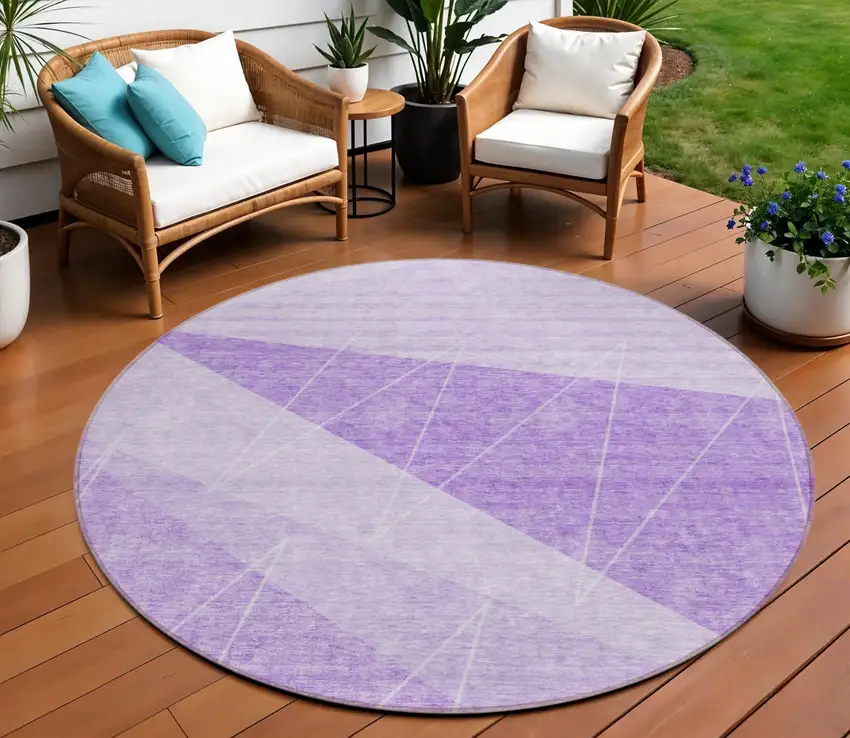 8' Lavender And Purple Round Geometric Washable Indoor Outdoor Area Rug Photo 1