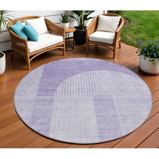 8' Lavender And Purple Round Geometric Washable Indoor Outdoor Area Rug Photo 1