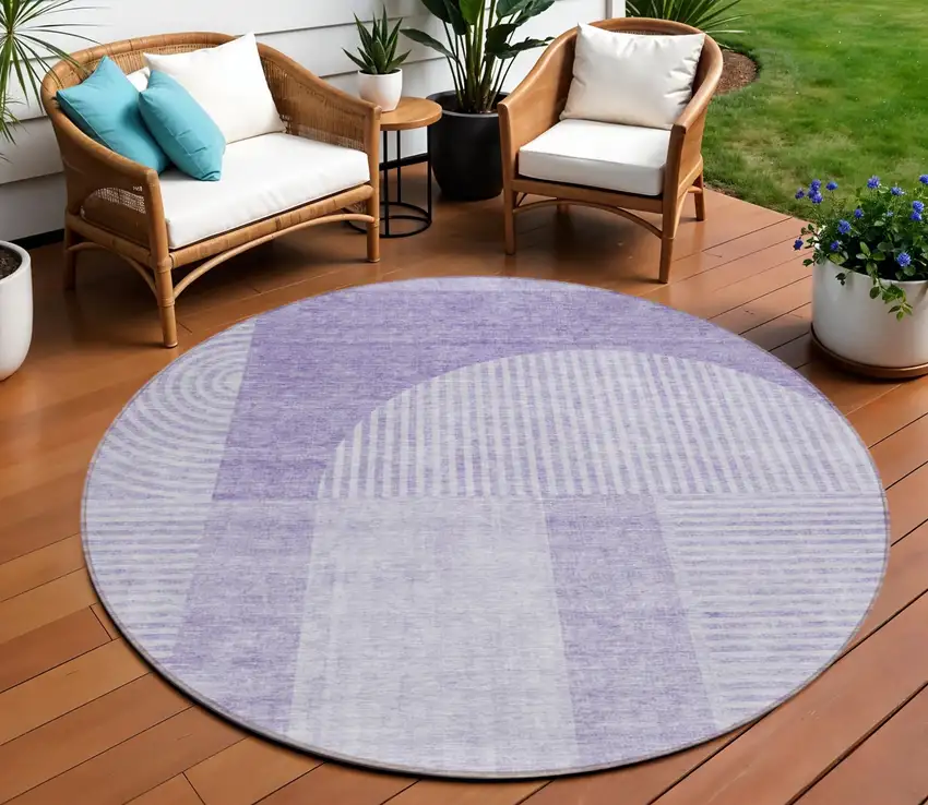 8' Lavender And Purple Round Geometric Washable Indoor Outdoor Area Rug Photo 1