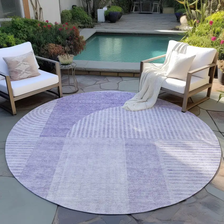 8' Lavender And Purple Round Geometric Washable Indoor Outdoor Area Rug Photo 5
