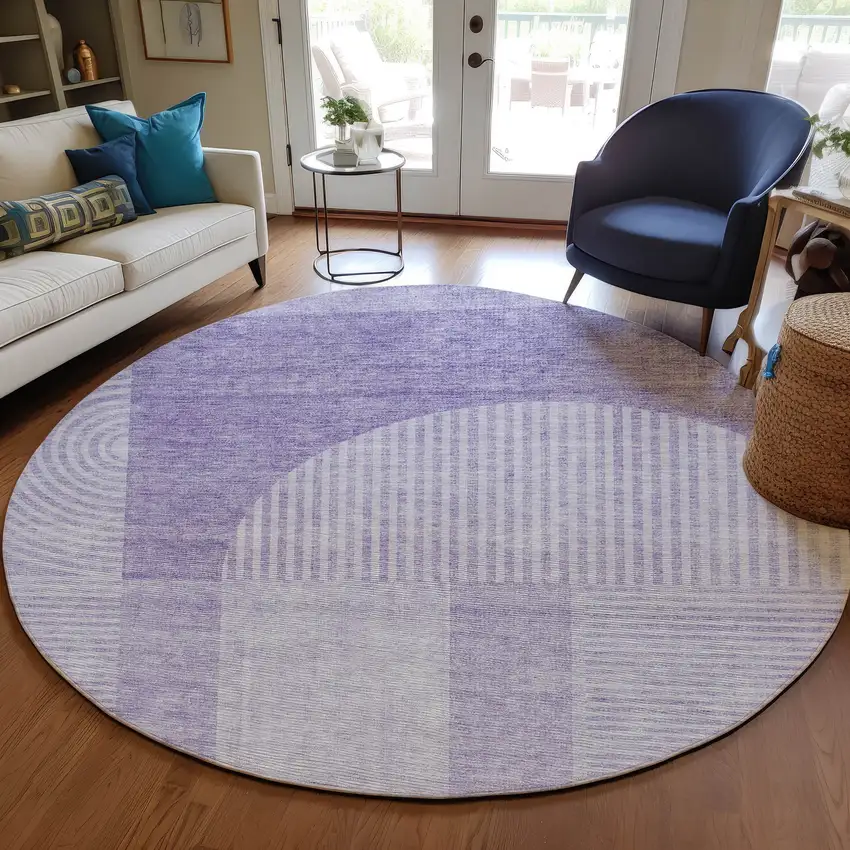 8' Lavender And Purple Round Geometric Washable Indoor Outdoor Area Rug Photo 6