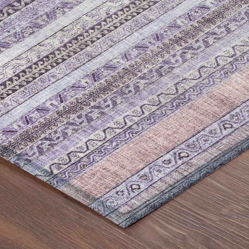 8' Lavender And Purple Round Striped Washable Indoor Outdoor Area Rug Photo 5