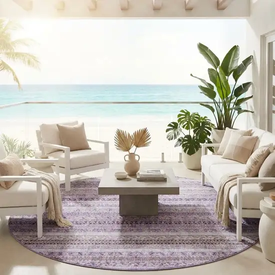 8' Lavender And Purple Round Striped Washable Indoor Outdoor Area Rug Photo 1