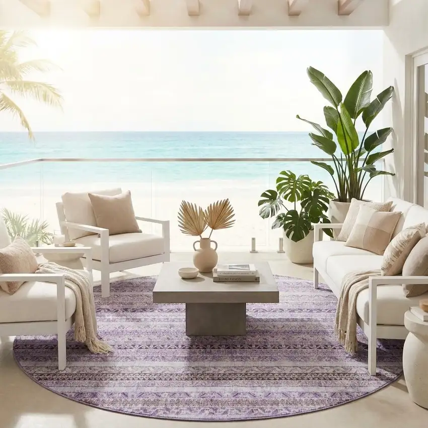 8' Lavender And Purple Round Striped Washable Indoor Outdoor Area Rug Photo 1