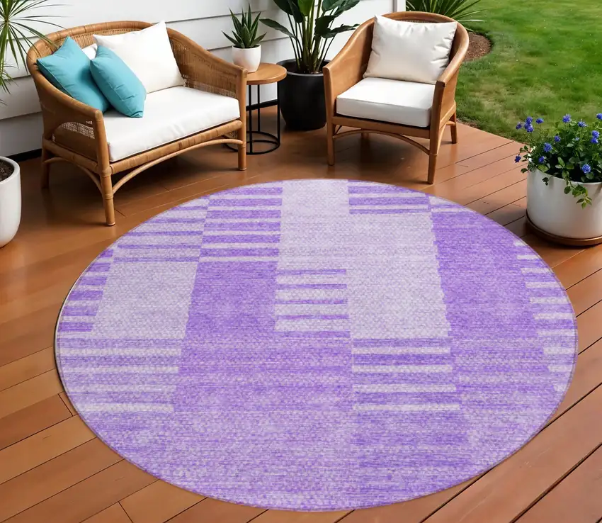 8' Lavender And Purple Round Striped Washable Indoor Outdoor Area Rug Photo 1