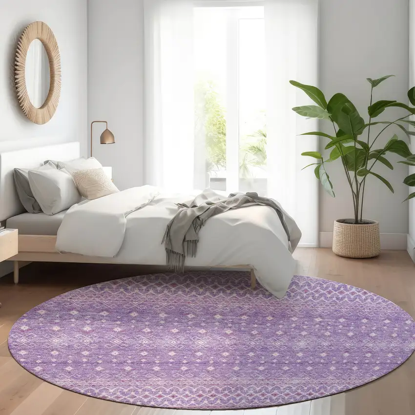 8' Lavender And Purple Round Tribal Washable Indoor Outdoor Area Rug Photo 8
