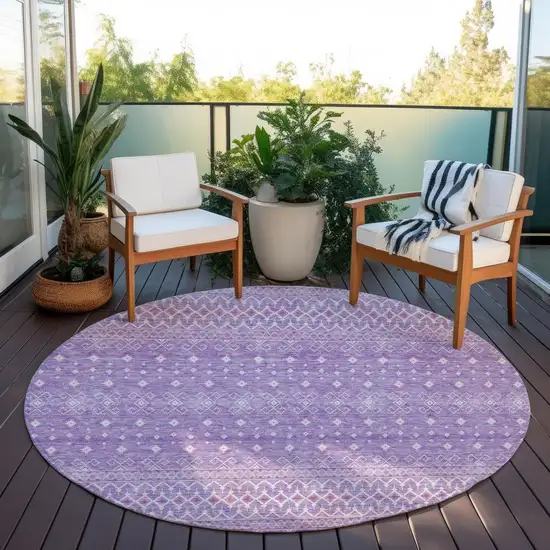 8' Lavender And Purple Round Tribal Washable Indoor Outdoor Area Rug Photo 7