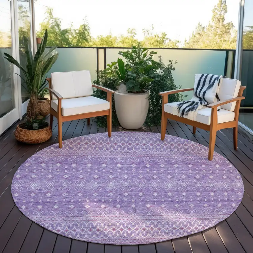 8' Lavender And Purple Round Tribal Washable Indoor Outdoor Area Rug Photo 7