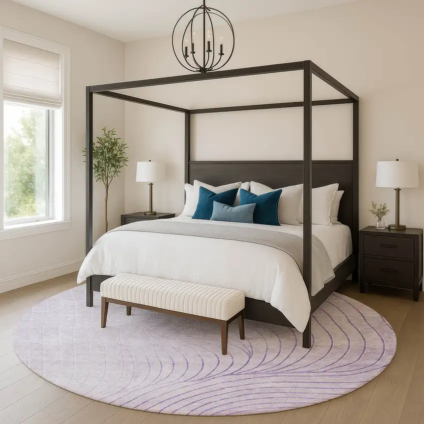 8' Lavender And Silver Abstract Washable Round Rug With UV Protection Photo 5