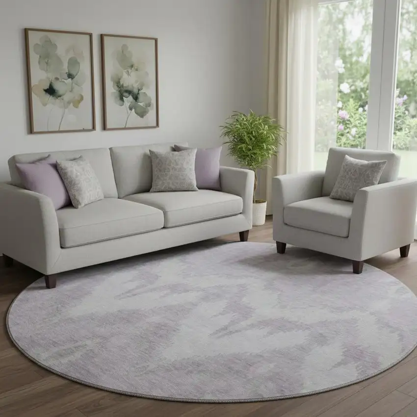 8' Lavender And Silver Ikat Washable Round Rug With UV Protection Photo 1