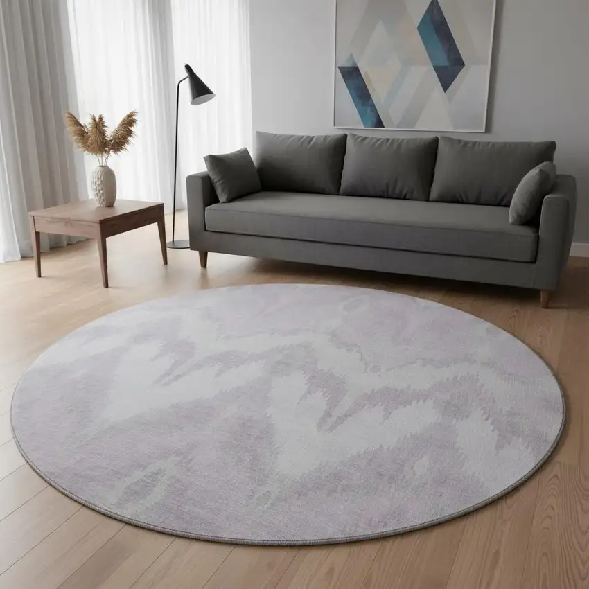 8' Lavender And Silver Ikat Washable Round Rug With UV Protection Photo 2