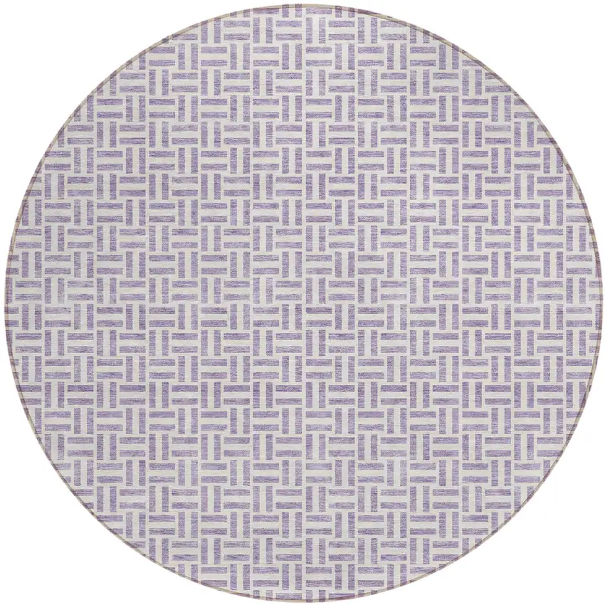 8' Lavender And Silver Round Geometric Washable Indoor Outdoor Area Rug Photo 2