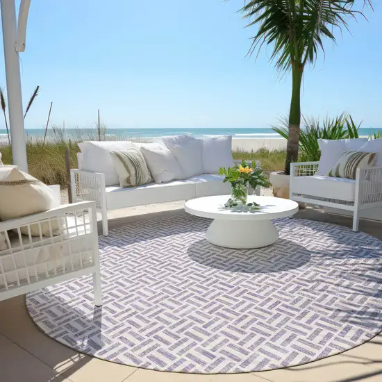 8' Lavender And Silver Round Geometric Washable Indoor Outdoor Area Rug Photo 6
