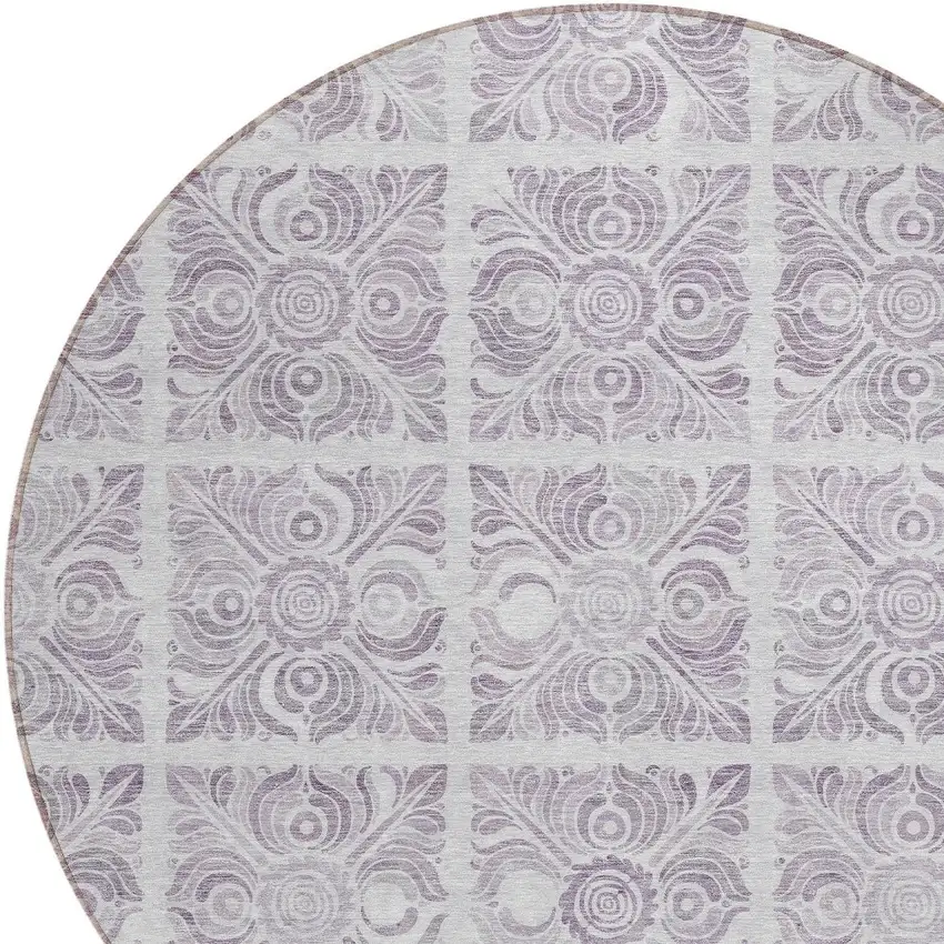 8' Lavender And Silver Round Medallion Washable Indoor Outdoor Area Rug Photo 4