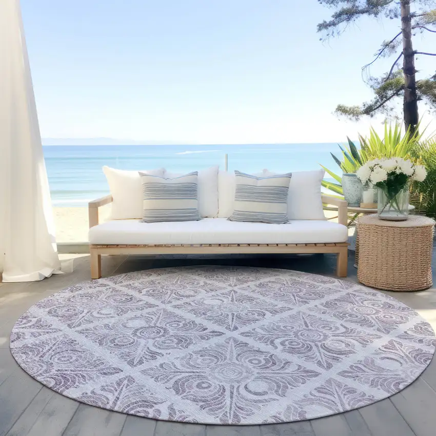 8' Lavender And Silver Round Medallion Washable Indoor Outdoor Area Rug Photo 6